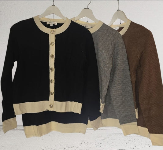 Women's Knit Wear Two Piece Skirt Set With White Pipping And Gold Button