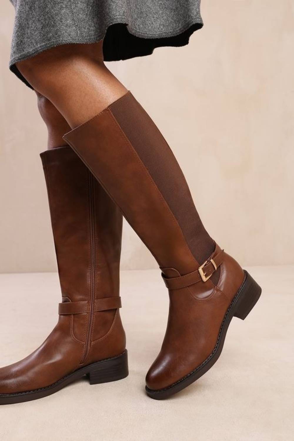 Womens Brown Pu Knee High Elasticated Stretch Boot
