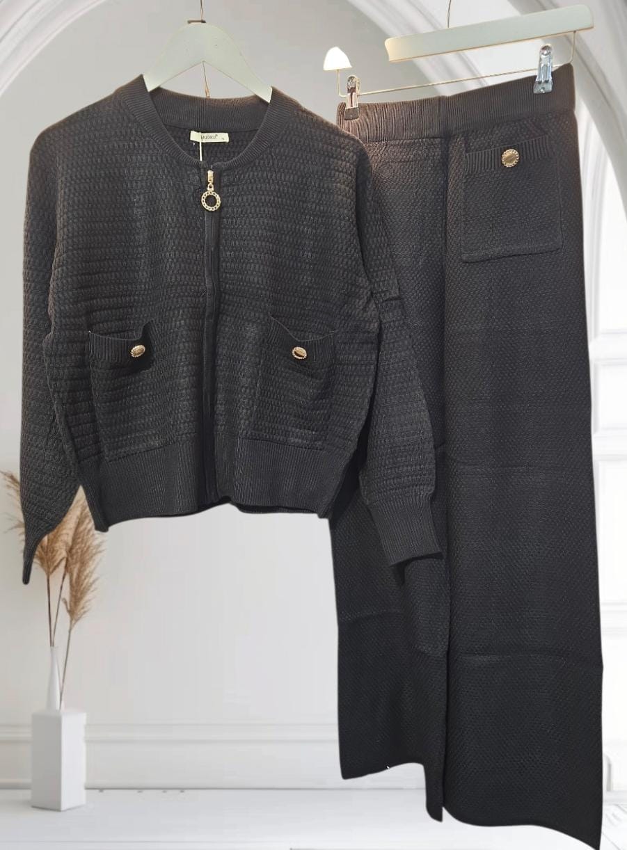 Women's Black Lounge Wear With Gold Zip And Gold Button.