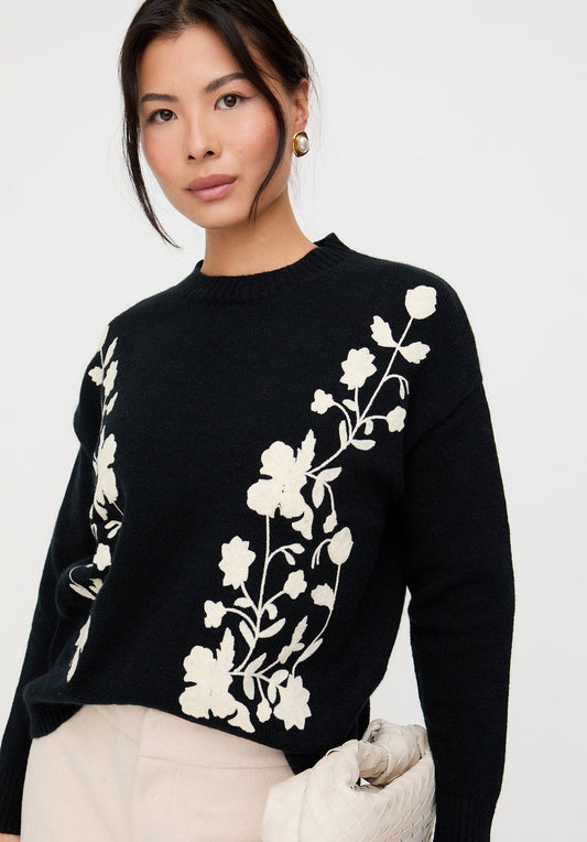 Women's Crew Neck Floral Embordied Jumper In Black/White