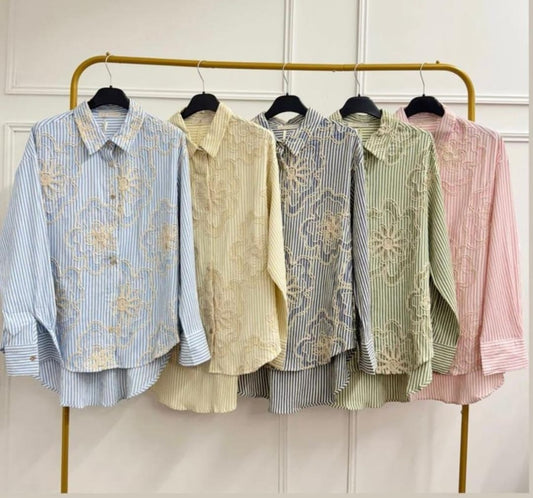 Women's Flower Embroidered Stripe Shirt