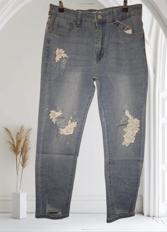 Women's Stretchy Skinny Jeans With Lace, Diamantes And Ripped.