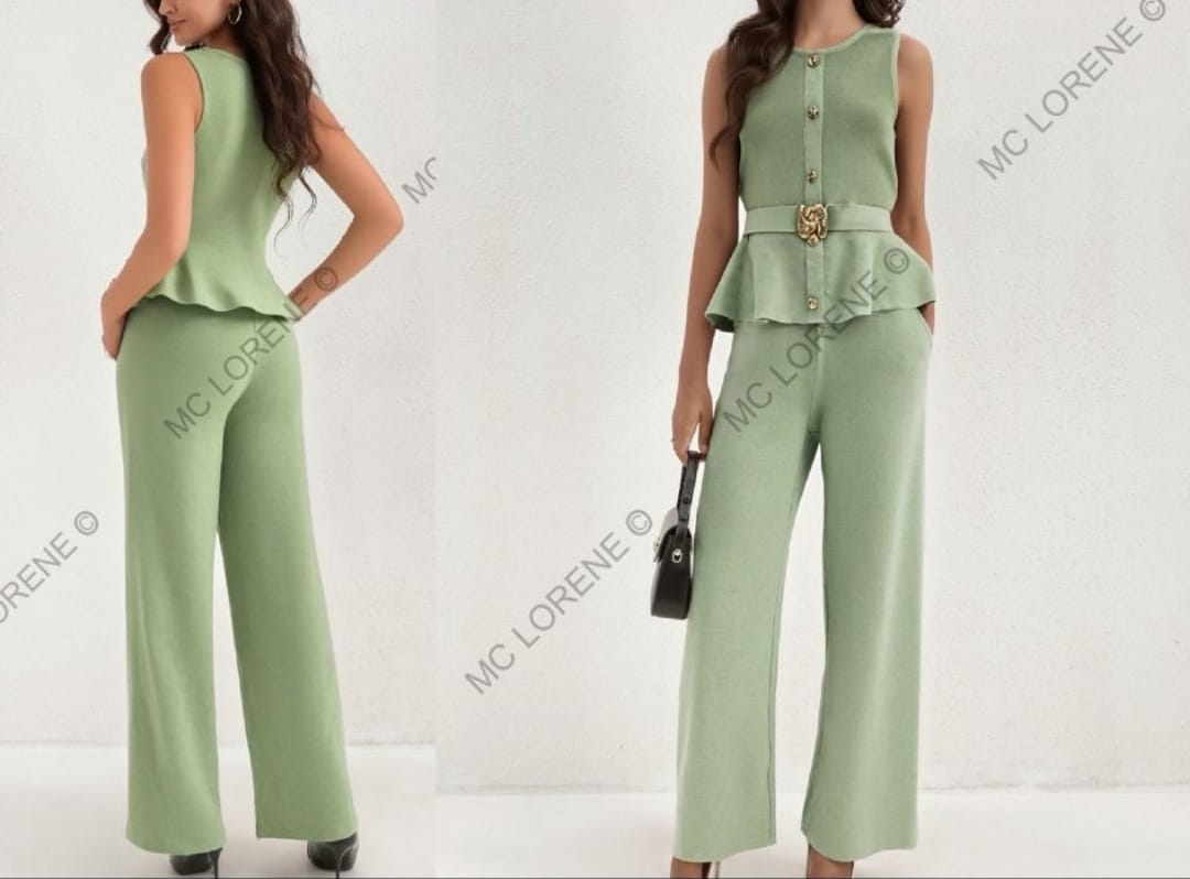 Women's Sleeveless Lounge Wear Set With Gold Button Detail Top And Belt Attached