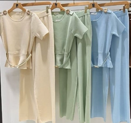 Women's Gold Flower Broach Shoulder Detail Lounge Wear Set With Belted Peplum Top