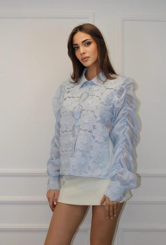 Women's Flower Lace Shirt With Ruffle Sleeve.