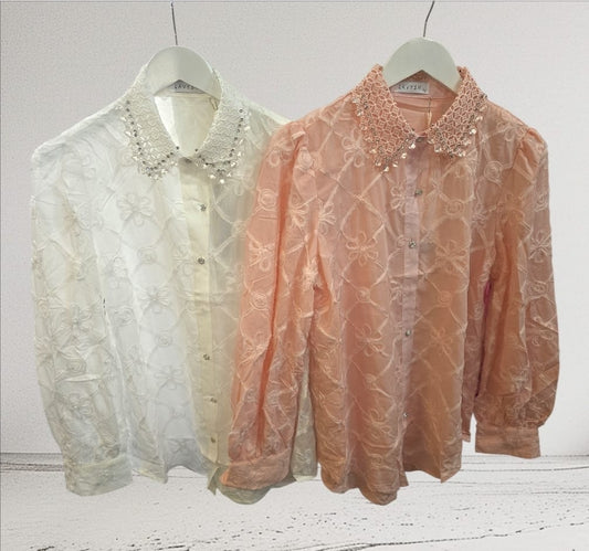 Women's Shirt With Crystal Collar And Crocheted Detail.
