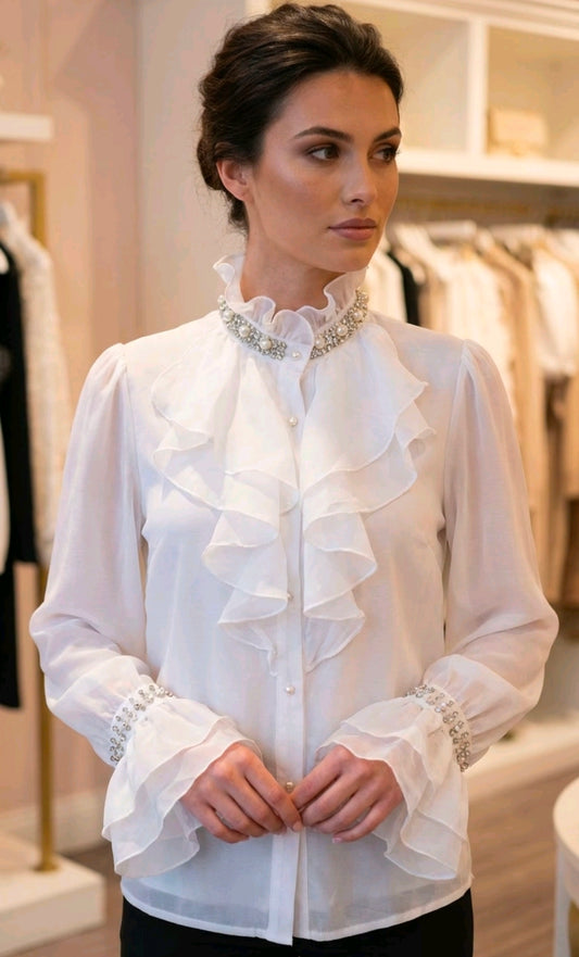 Women's Ruffle Shirt With Crystal And Pearl Details