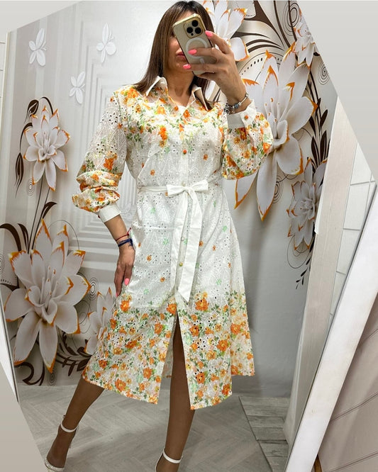 Women's Floral Print Midi Dress Broderie Anglaise With Belt