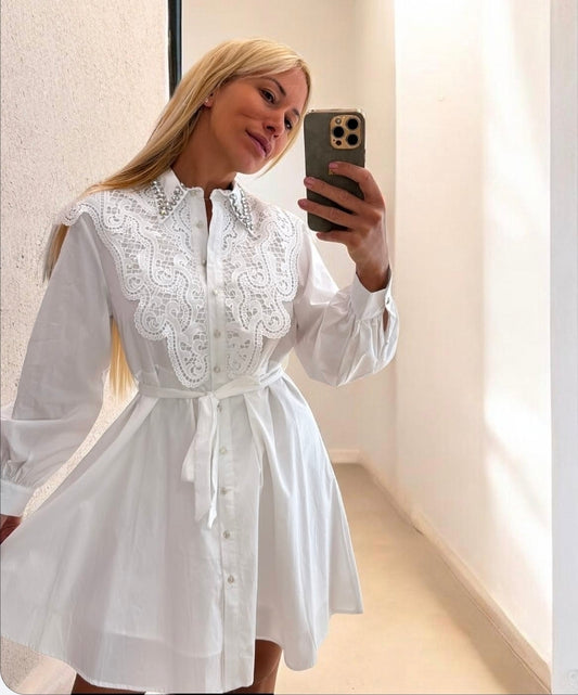 Women's White Dress With Broderie Anglaise Detail And Crystal Stones