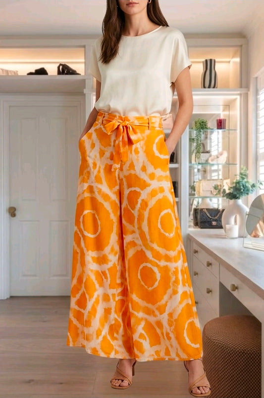 Women's Wide Leg Patterned Trousers- Orange- One Size