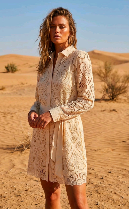 Women's Beige Broderie Anglaise Dress With Belt