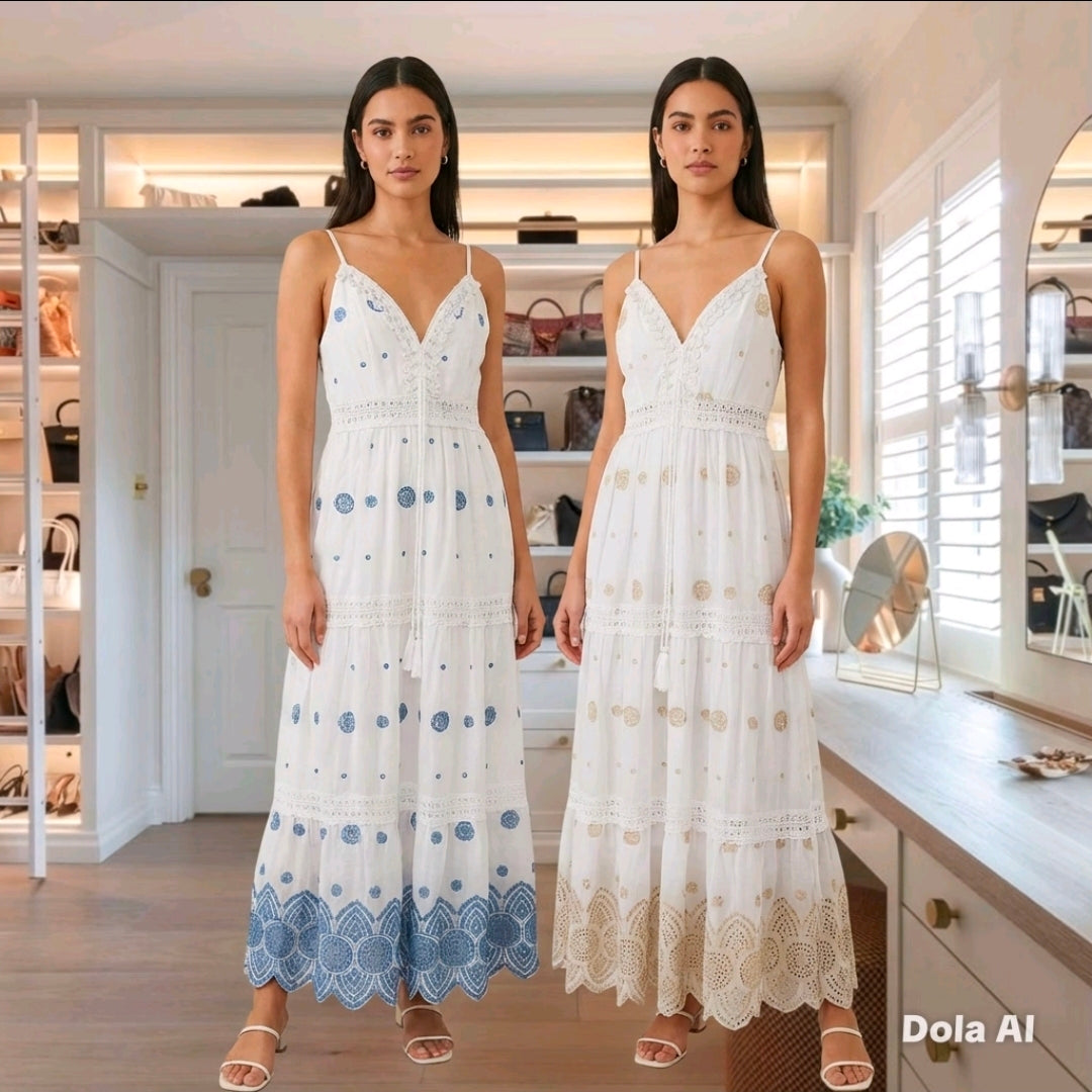 Women's Strappy Lined Long Summer Dress Embroided Pattern- Blue or Beige