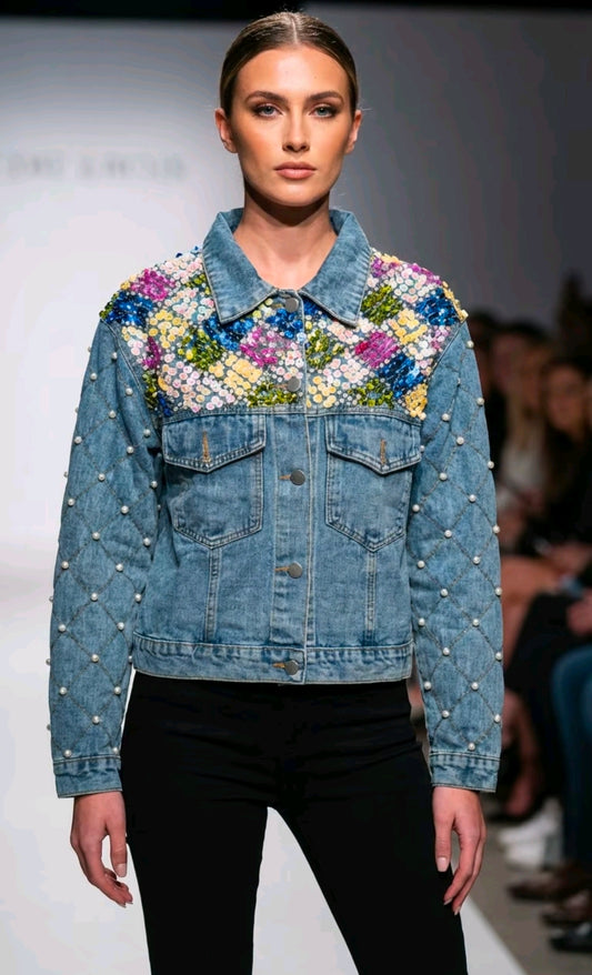 Women's Sequined Denim Jacket With Pearl Sleeve.