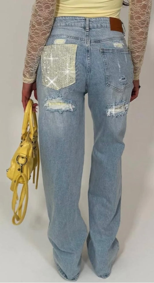 Women's Yellow Bling Pocket Jeans Straight Leg
