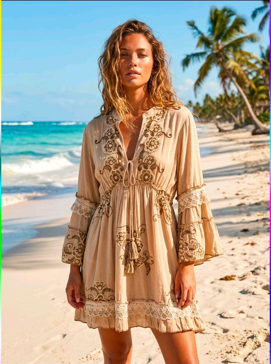 Women's Beige And Brown Boho Summer Dress One Size 6 to 18 UK