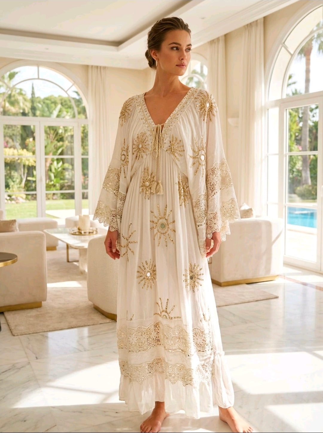 Women's Gold Sun Boho Summer Dress With Crochet And Gold Detail One Size 6 to 18 UK
