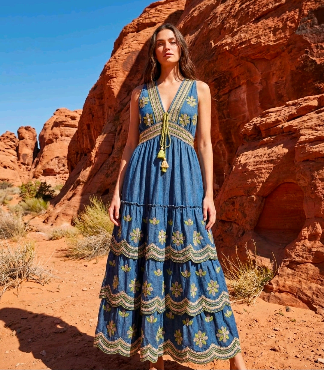 Women's Denim Boho Dress Two Colour With Flower Design And Beed Detail