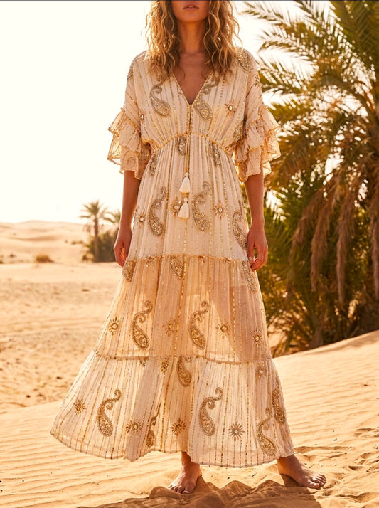 Women's Mindi Patton Boho With Gold Sequins And Pearls Dress One Size Uk 6-18