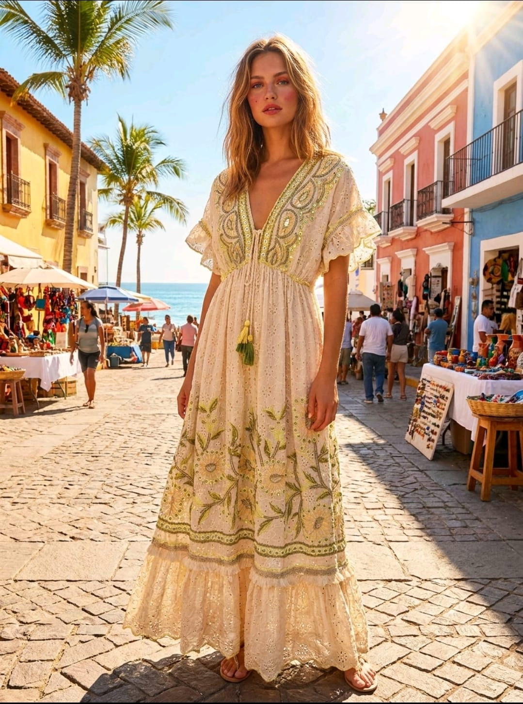 Women's Neon Green and Dark Green Stitching Beaded Boho Dress One Size Uk 6-18