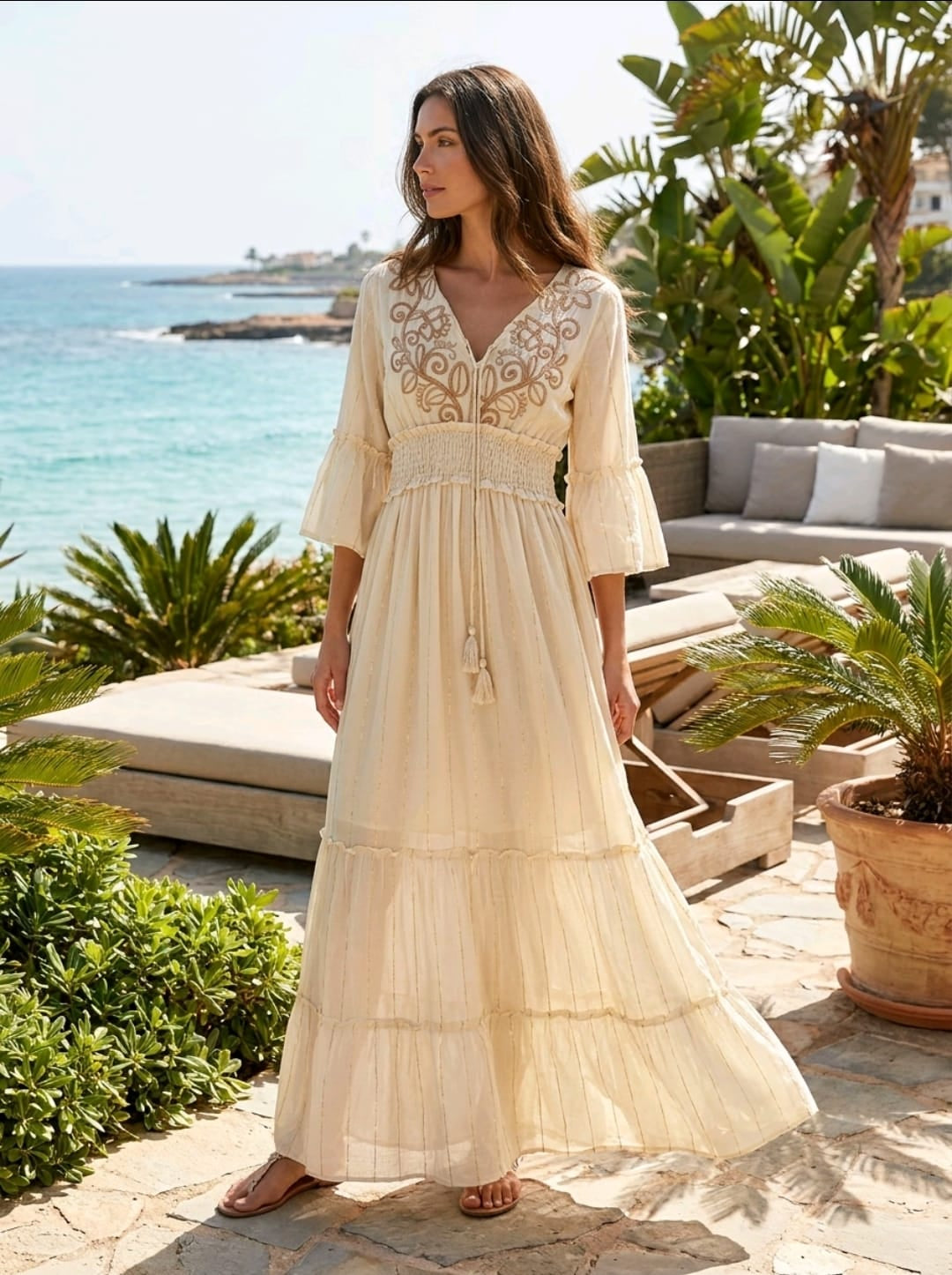Women's Beige Boho Dress With Metallic Brown Detailed Stitching One Size Uk 6-18