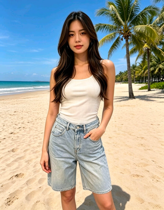 Women's Mid Wash Longer Denim Shorts