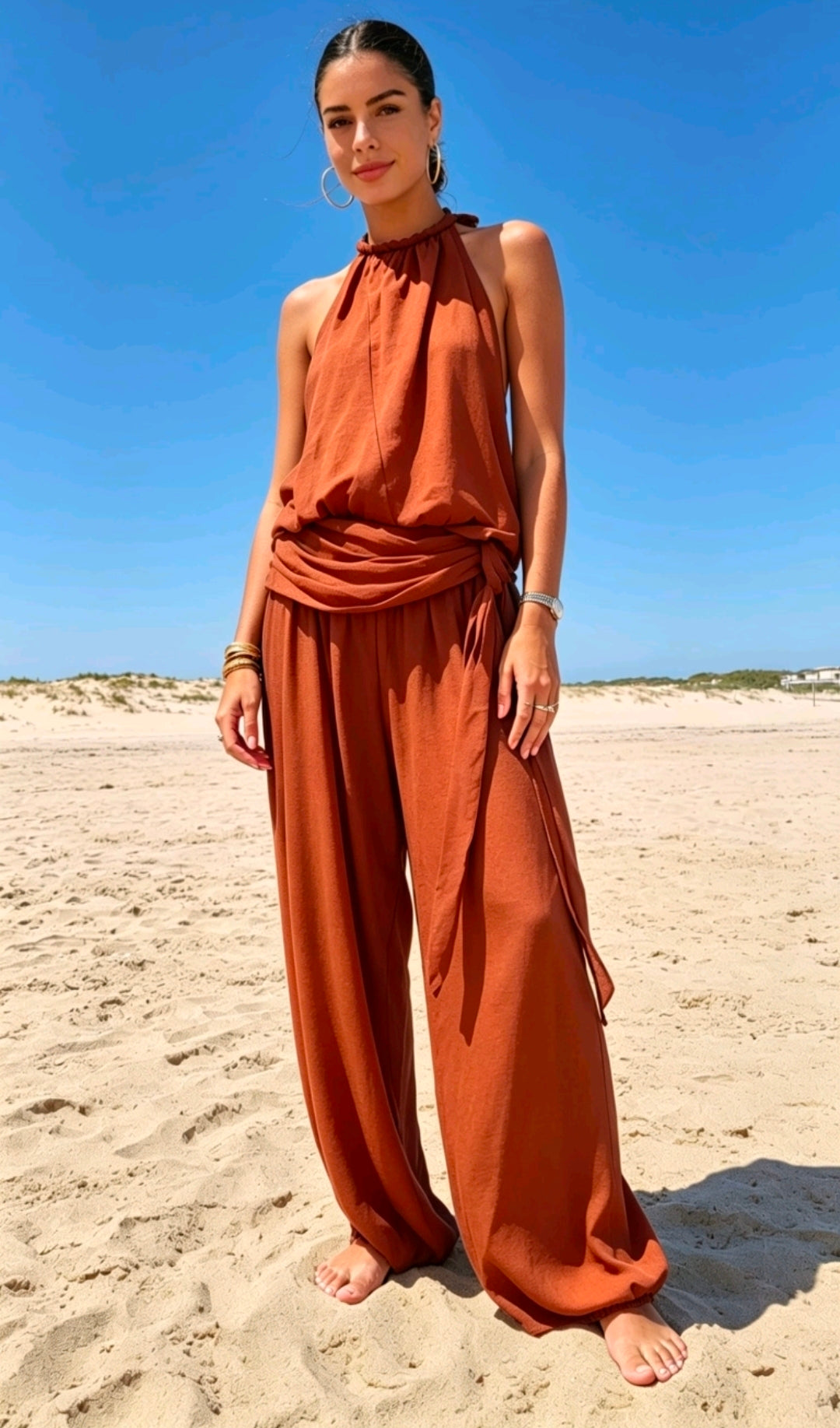Women's Platted Halter Neck Top With Genie Trousers Co-Ord Set