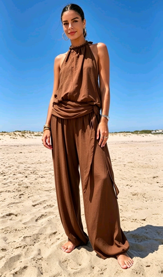 Women's Platted Halter Neck Top With Genie Trousers Co-Ord Set
