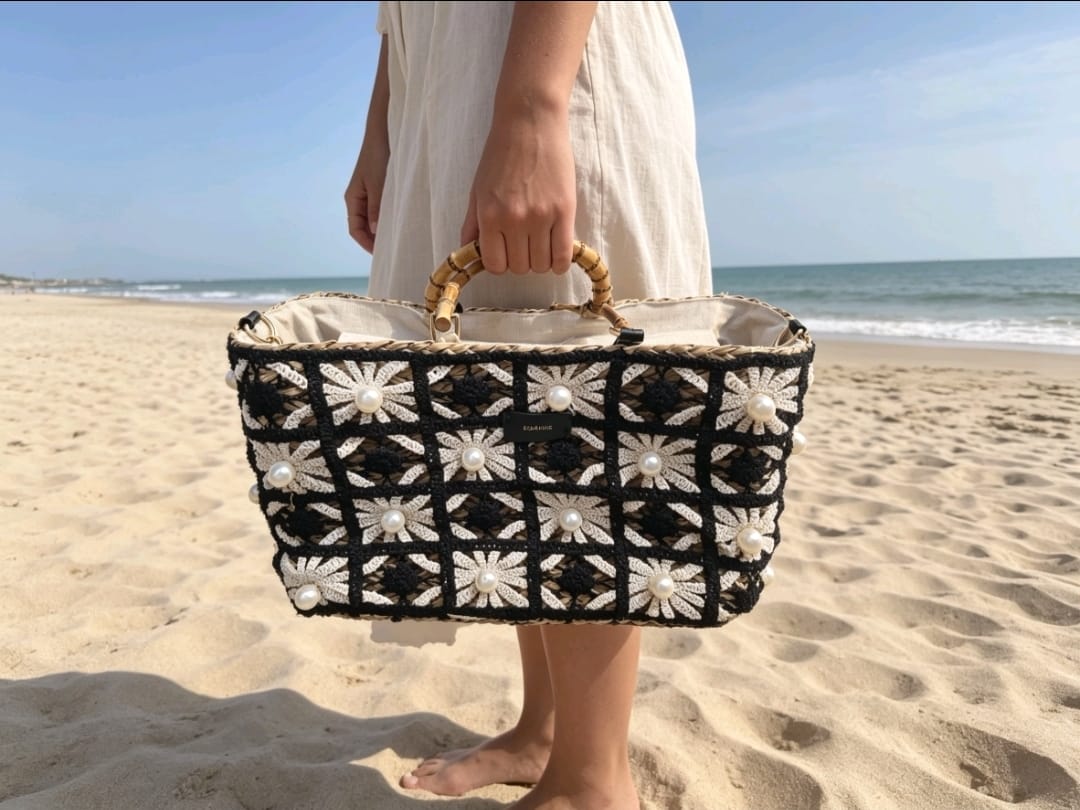 Women's Raffa Beach Bag With Crochet Cream And Black And Pearls And Bamboo Handle