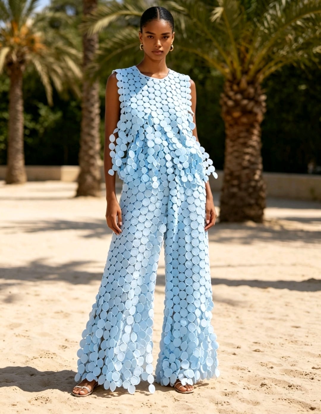 Women's Standalone Matching Co-Ord Set Sleeveless Top Wide-leg Trousers eye-catching Circle 3D texture
