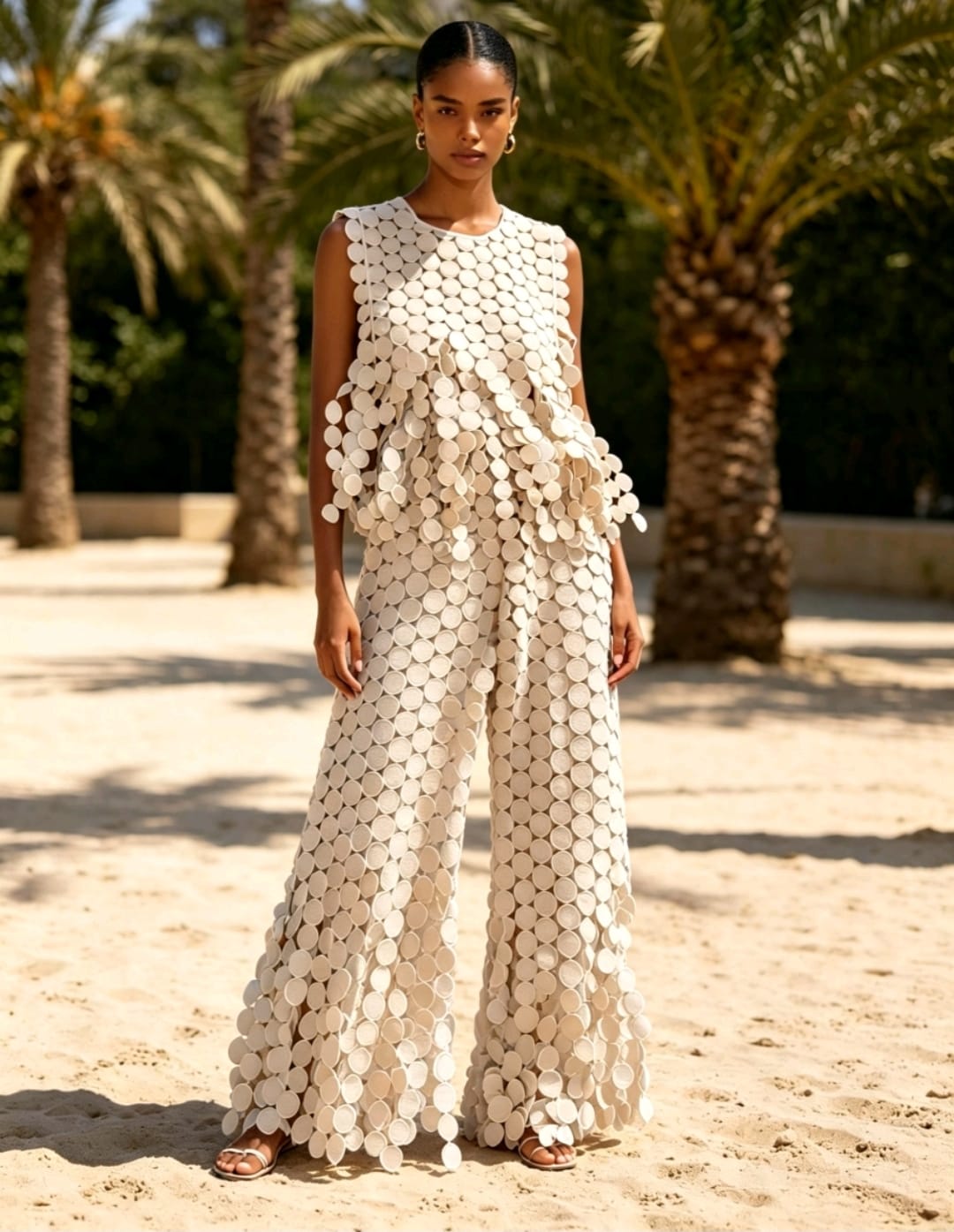 Women's Standalone Matching Co-Ord Set Sleeveless Top Wide-leg Trousers eye-catching Circle 3D texture