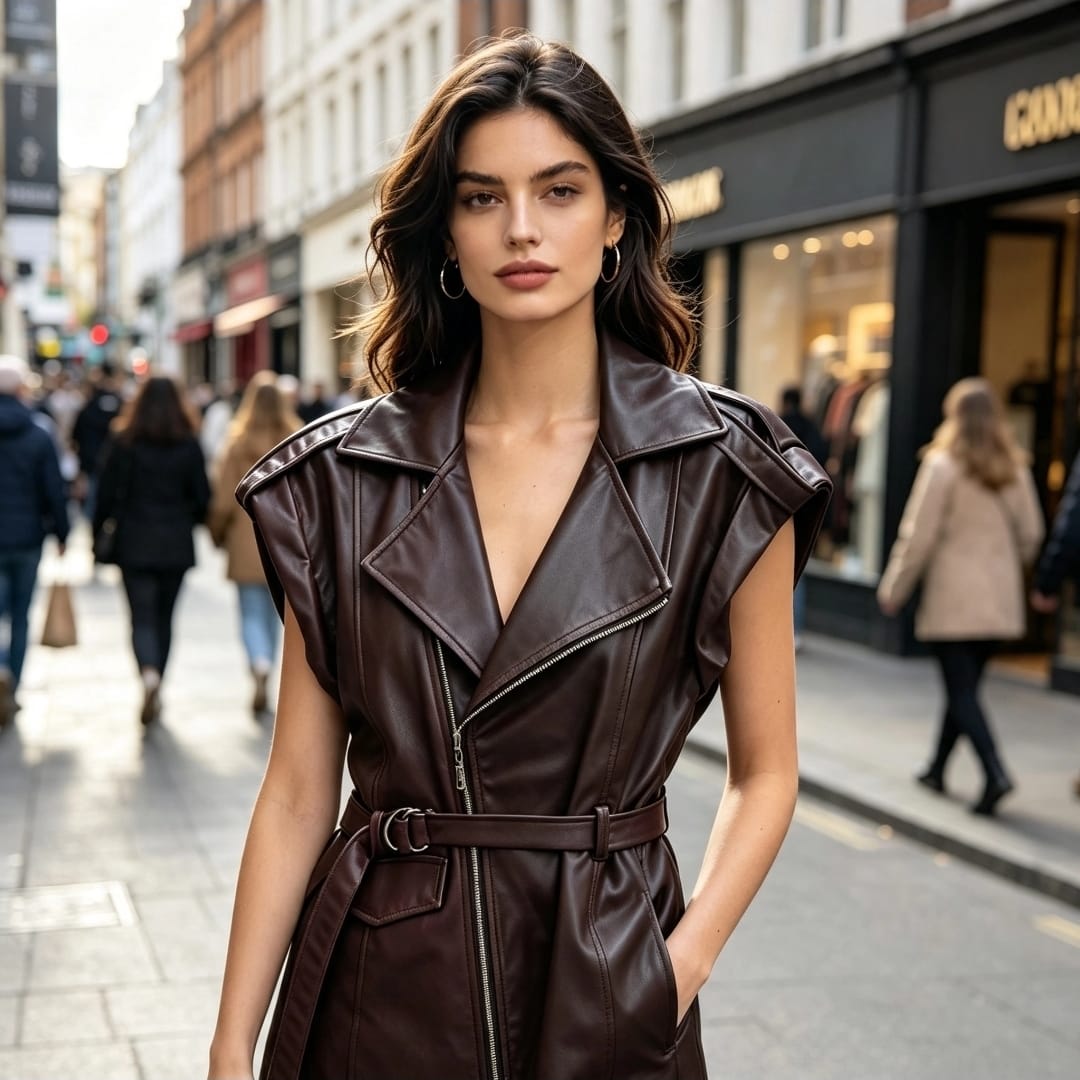 Women's Faux Leather With Belt Waste Coat Trench Style