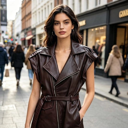 Women's Faux Leather With Belt Waste Coat Trench Style