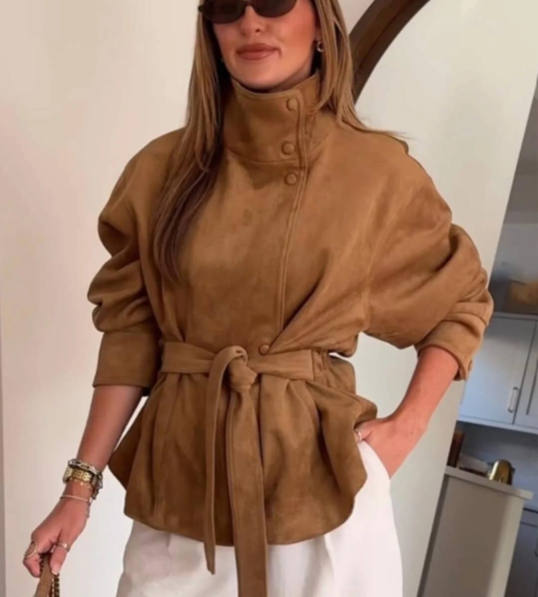 Women's Faux Suede Trench Coat With Belt High Neck Button