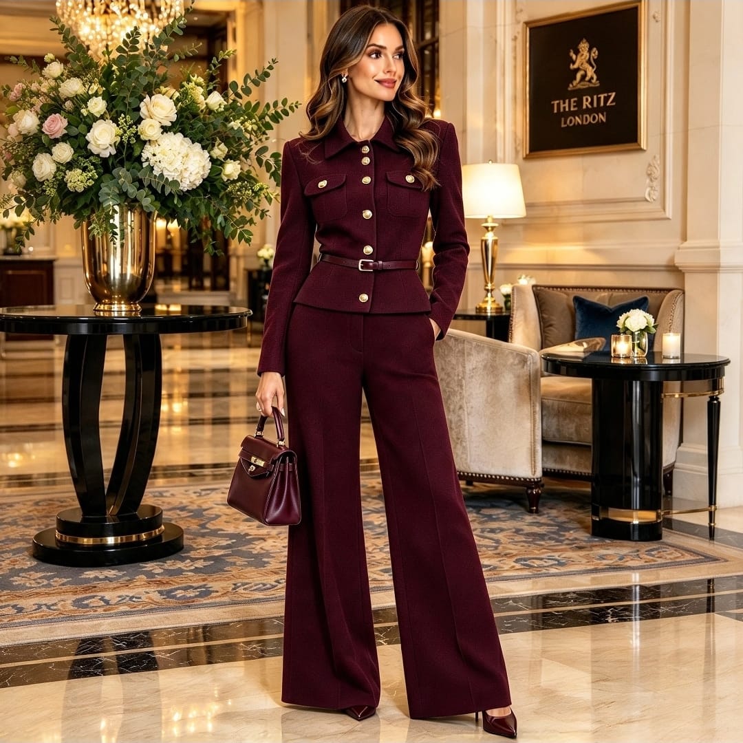 Women's Gold Detail Twist Button Top And Trouser Set With Waist Belt