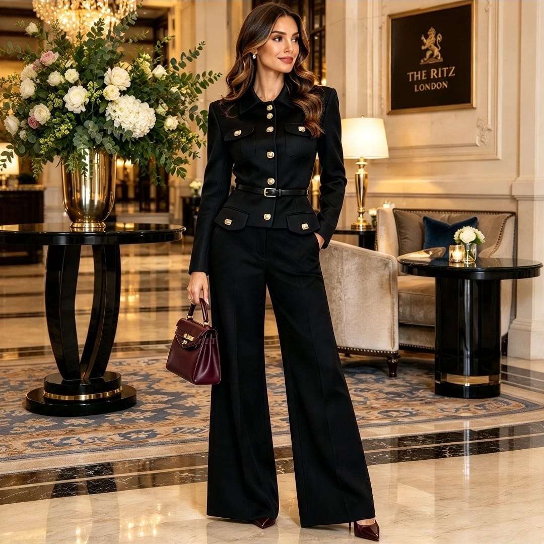 Women's Gold Detail Twist Button Top And Trouser Set With Waist Belt