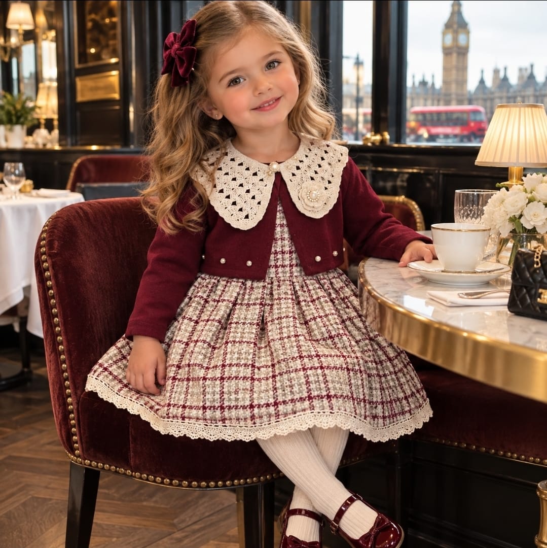 Girl's Elegant Burgundy & Cream Tweed Dress With Burgundy Cropped Jacket