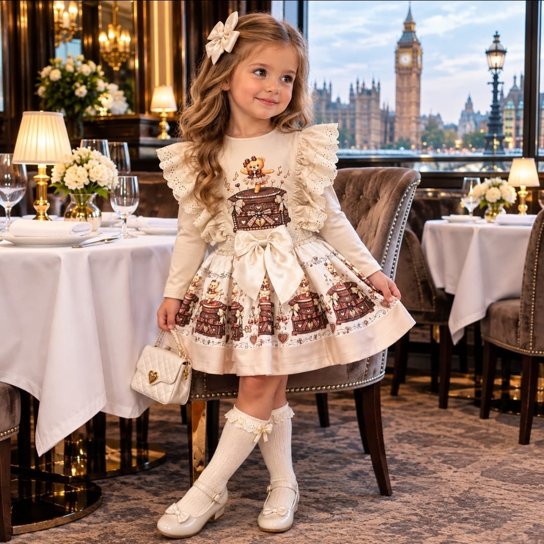 Girls Elegant Cream Teddy Bear Music Box Skirt And Top.