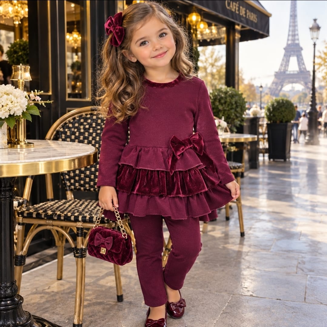 Girl's Burgundy Lounge Wear Set With Ruffle And Velvet Detail With Bow
