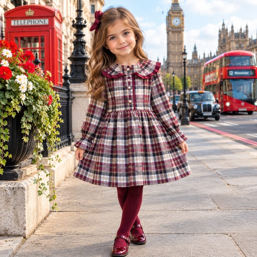 Girls Burgundy Tartan Dress With burgundy Pipping And Gold Buttons