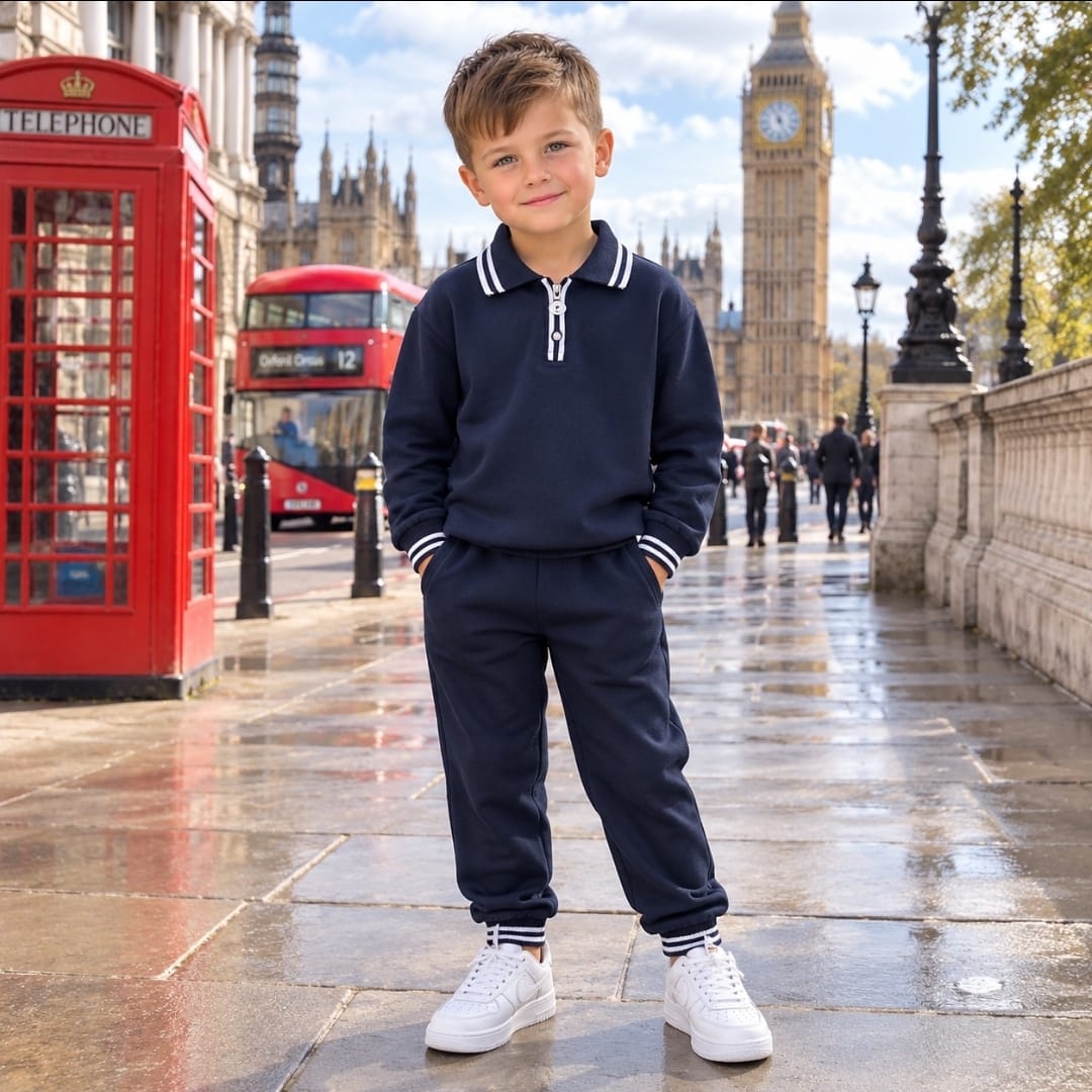 Boys Navy Tracksuit With Blue And White Detail