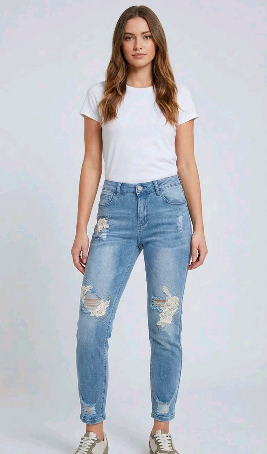Women's Stretchy Skinny Jeans With Lace, Diamantes And Ripped.