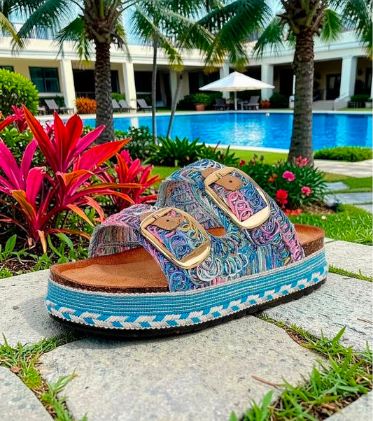 Women's Tie Die Fabric Blue Double Buckle Sandal