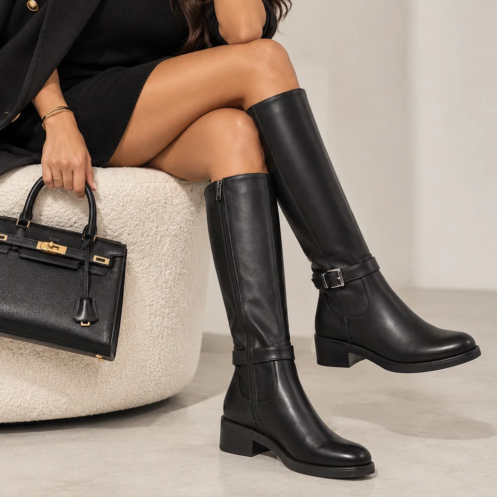 Women's Classic Knee-High Elasticated Riding Boots with Buckle Detail- Black or Brown