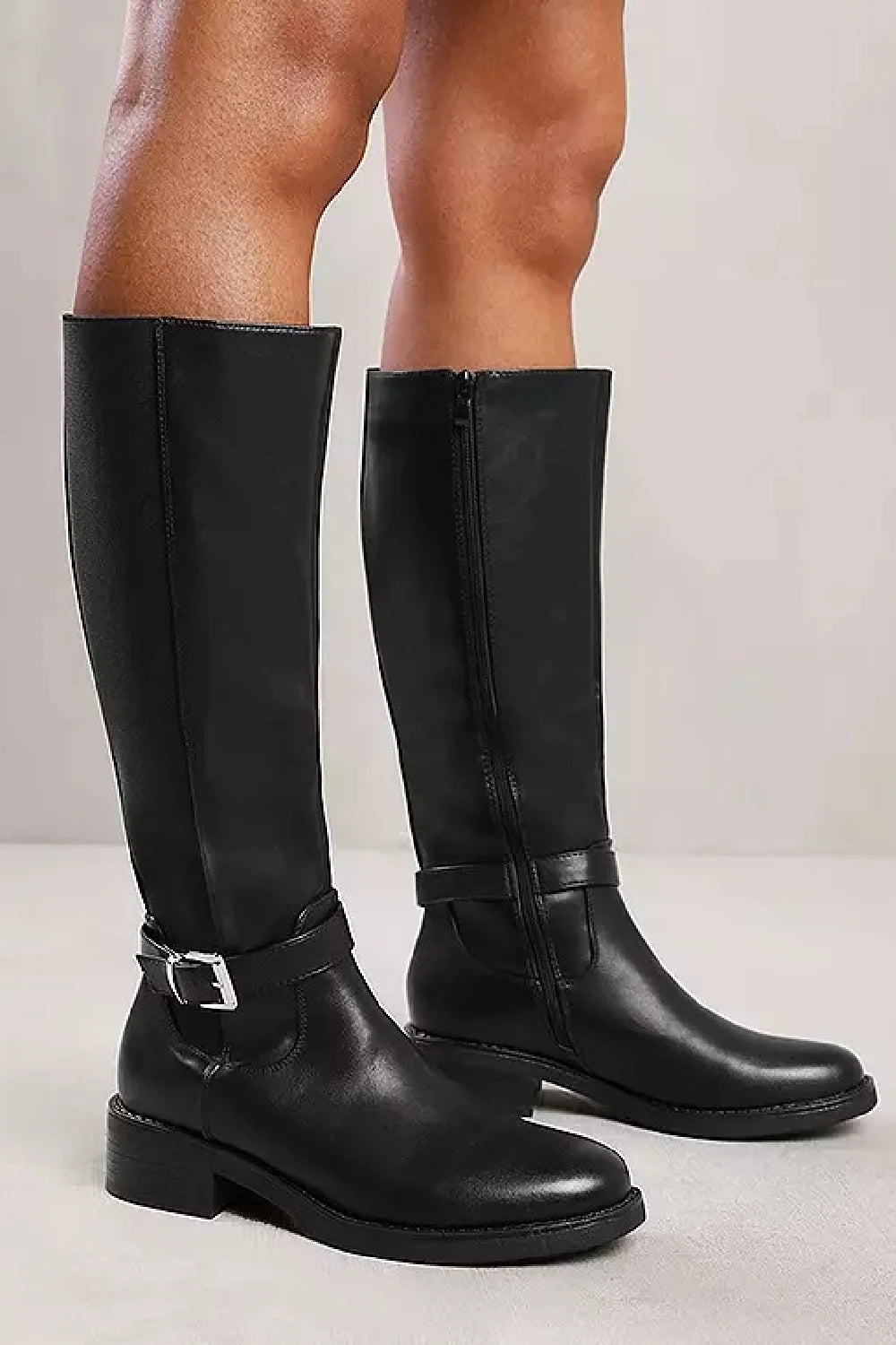 Women's Classic Knee-High Elasticated Riding Boots with Buckle Detail- Black or Brown