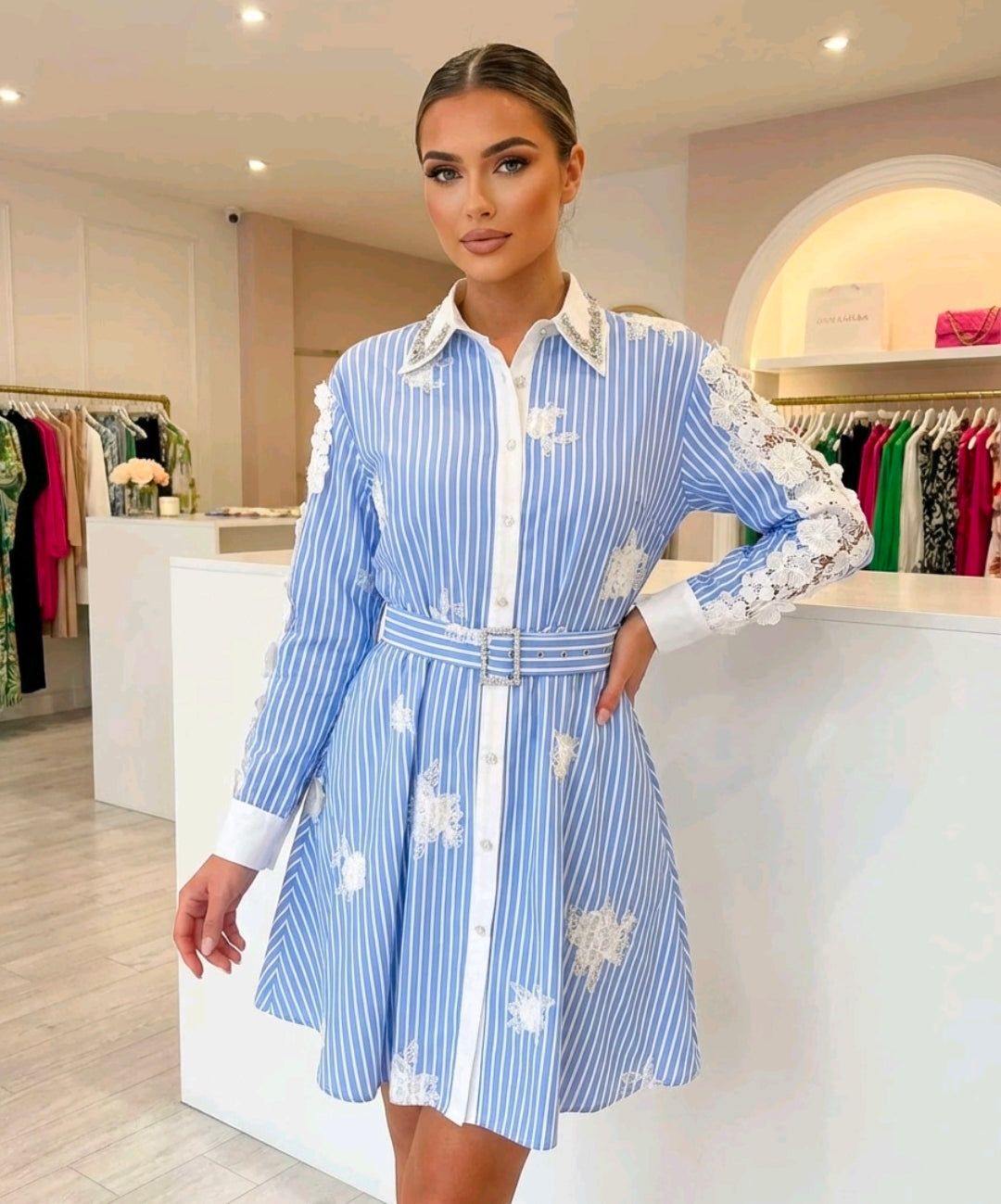 Women's Blue And White Stripe Dress With Lace Detail And Crystals
