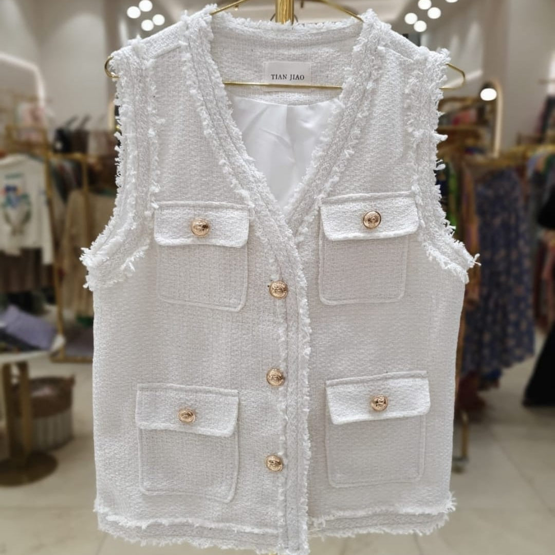 Women's White Tweed Vest Jacket With Gold Button