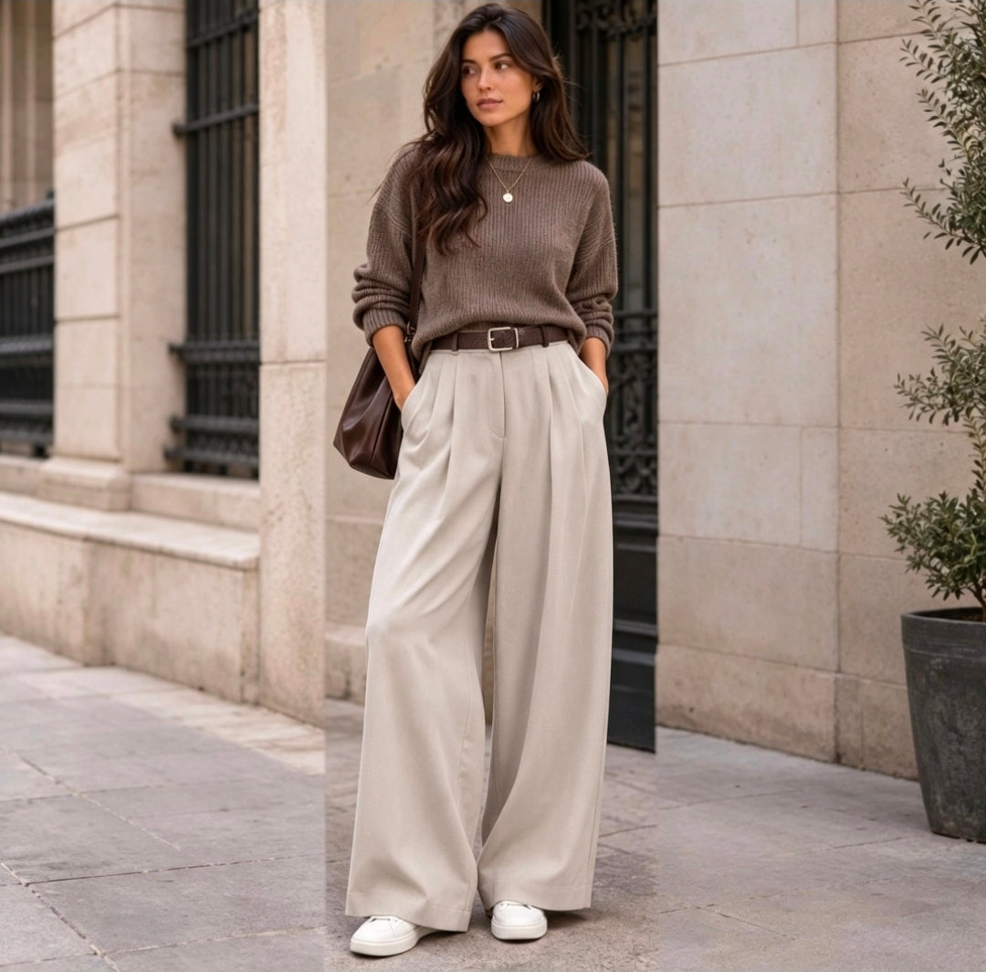 Women's Wide Trousers With Pleated Front With Belt
