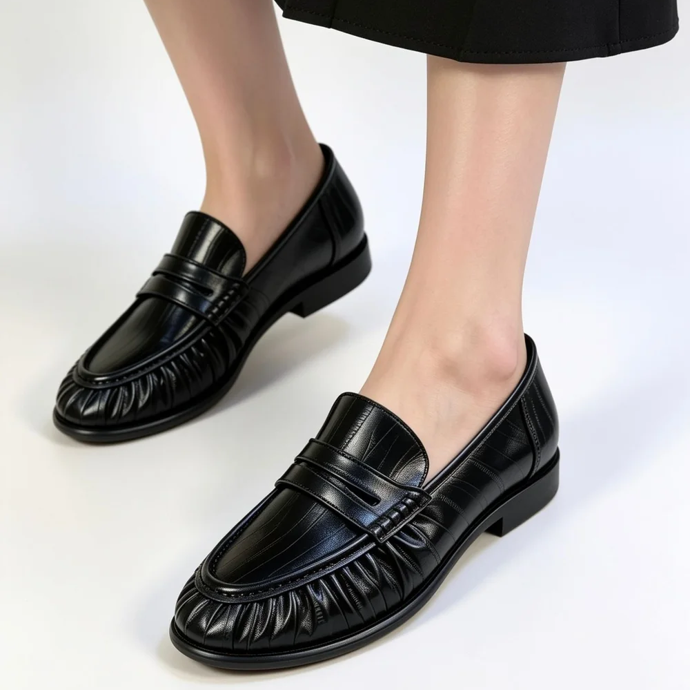 Women's Suede or PU Pleated Slip On Loafers- Black or Dark Brown