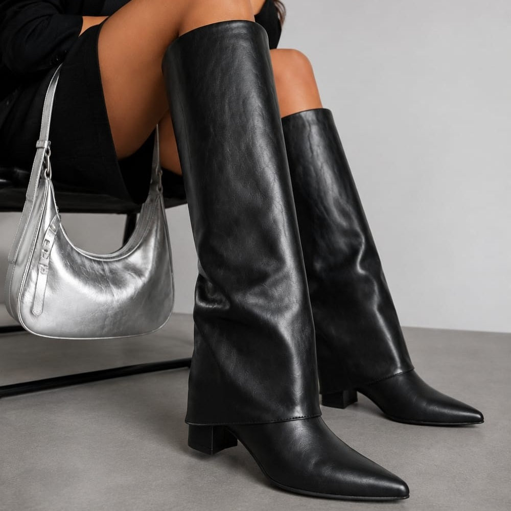 Womens Knee High Weathered PU Boots black