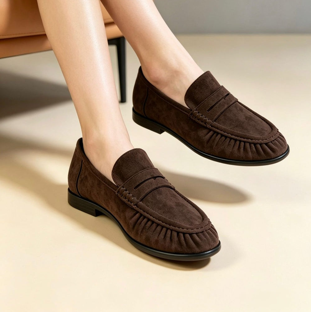 Womens Suede Pleated Slip On Loafers dark brown